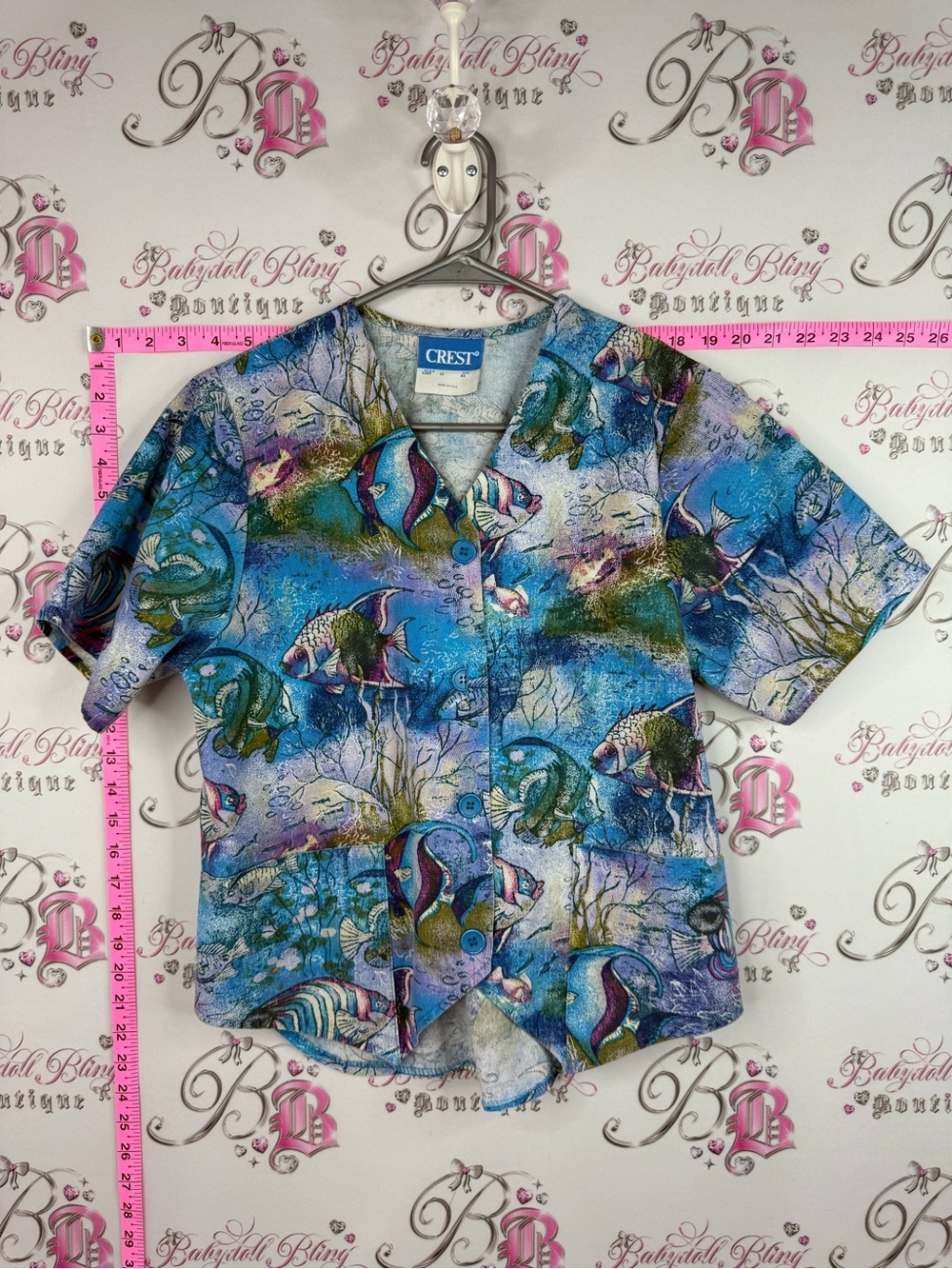 Crest vintage fish Women's Blue Tropical Fish Button-Down Shirt